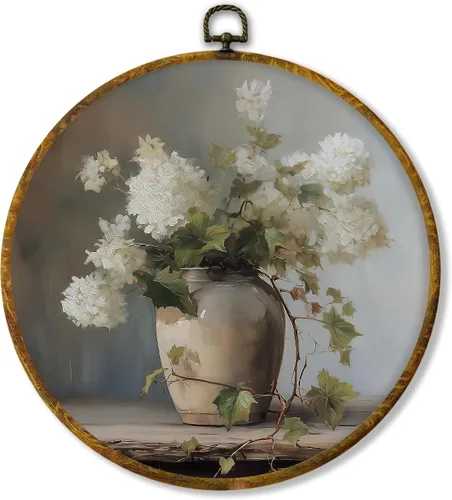 shiviody Arte de Pared en Lienzo Floral de Hortensias Blancas Vintage, Decoraciones de Impresiones en Marco Redondo Colgante de Flores Botánicas