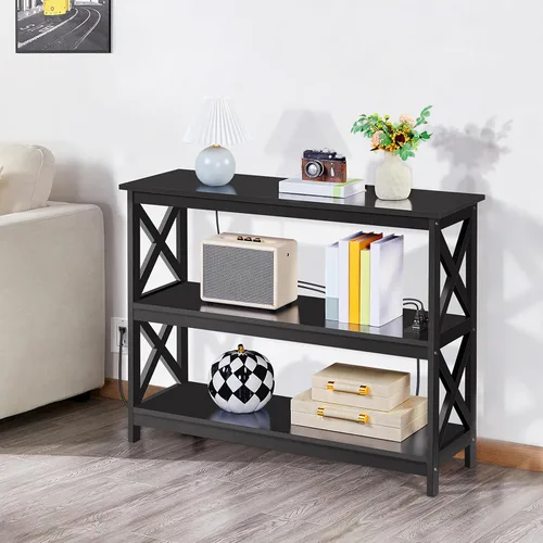 Miniatura 5 de Yaheetech Mesa de entrada con estantes de almacenamiento, mesa consola con tomas de corriente y puertos USB, mesas de sofá estrechas de madera