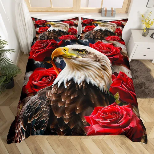 Miniatura 16 de Juego de ropa de cama de bandera estadounidense tamaño individual para habitación de niños y niños, juego de funda de edredón de águila calva, funda
