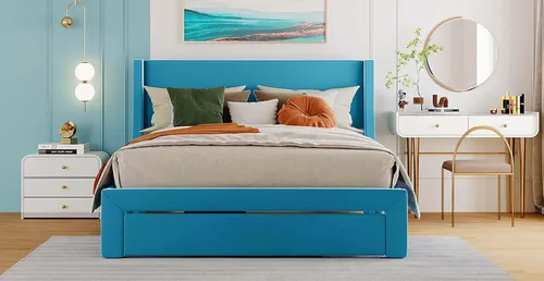 Miniatura 7 de Anwick Base de cama de terciopelo de tamaño matrimonial con cajón de almacenamiento, cama moderna tapizada con cabecera y listones de madera maciza