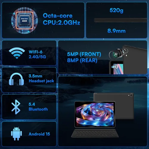Miniatura 2 de HiGrace 2025 última tablet Android 15 mejorada de 10 pulgadas, 24GB+128GB+1TB de expansión, WiFi 6 BT 5.4, carga rápida Type-C, cámara dual