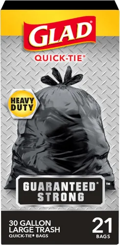 Glad Bolsas de basura, fuertes bolsas de basura grandes de amarre rápido, 30 galones, 21 unidades (el paquete puede variar)