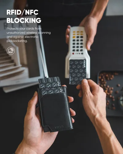 Miniatura 4 de VULKIT Billetera desplegable de metal para hombre, con bloqueo RFID inteligente, tarjetero de crédito, cierre magnético, billeteras triples de cuero
