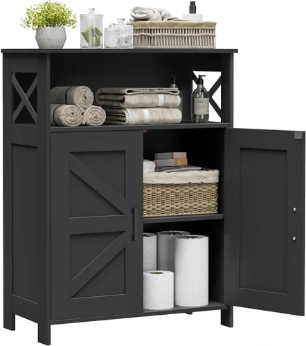 Homhedy Armario de almacenamiento de baño con 2 puertas, gabinete de papel higiénico con estante ajustable, gabinete de baño pequeño para Negro