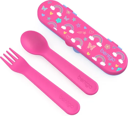 Bentgo® Juego de utensilios de plástico para niños, tenedor, cuchara y estuche de almacenamiento, sin PFAS y BPA, asas de fácil agarre, ligero, apto