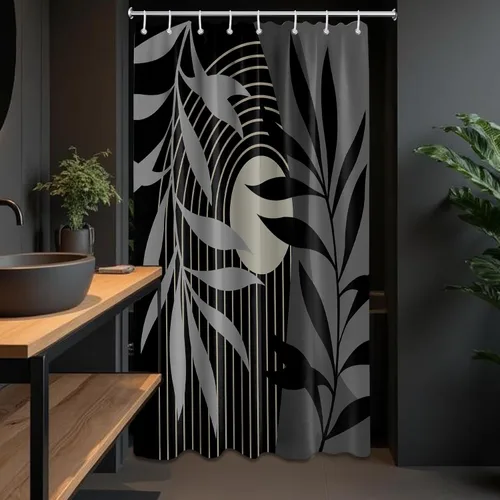 Miniatura 2 de Cortina de ducha bohemia en negro y gris, cortinas de ducha modernas de mediados de siglo negro y gris para baño, juego de tela impermeable