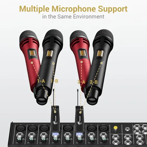 Miniatura 7 de TONOR Micrófonos inalámbricos, sistema de micrófono de karaoke UHF dual, Microfonos Inalambricos con receptor recargable, juego de micrófonos