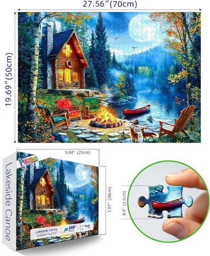 Miniatura 2 de Rompecabezas de 1000 piezas para adultos, cabaña junto al lago iluminada por la luna con hoguera para adultos, rompecabezas imposible desafiante