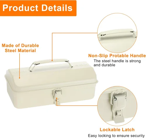 Miniatura 4 de HARFINGTON Caja de Herramientas 11.4" Caja de Herramientas de Acero Portátil Estilo Techo de Cadera con Cierre de Pestillo de Metal Cofre de Blanco