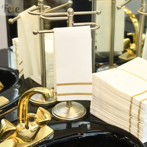 Miniatura 7 de Fete Toallas de mano decorativas desechables, diseño dorado, 100 toallas de invitados de lino – Cena formal, aniversario y servilletas de boda