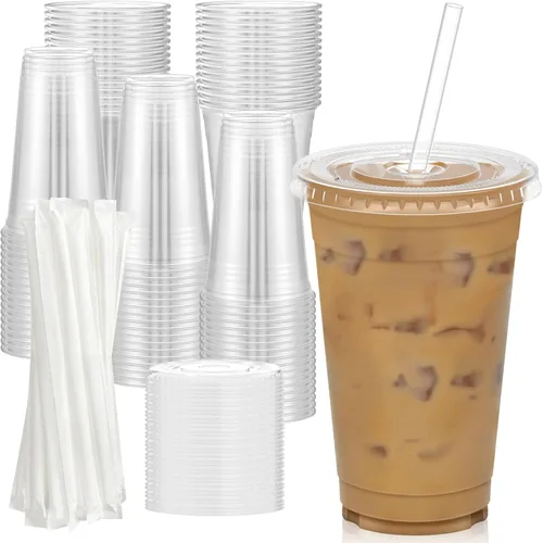 Dealusy Paquete de 100 - Vasos de plástico transparente de 20 oz con tapas y pajitas, tazas de café helado resistentes y seguras para alimentos con