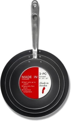 Made In Utensilios de cocina – 3 piezas (incluye 8, 10 pulgadas, 12 pulgadas) sartén de acero al carbono azul sazonado – (como hierro fundido, pero