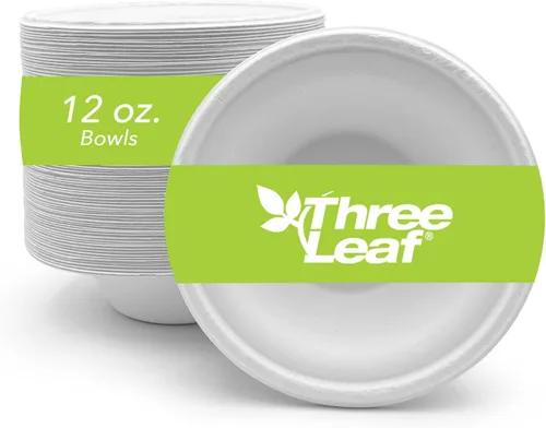 three leaf Cuenco de bagazo de 12 oz (12.0 fl oz), 25 unidades de capacidad pesada, súper fuerte, natural, ecológico, desechable, 100%