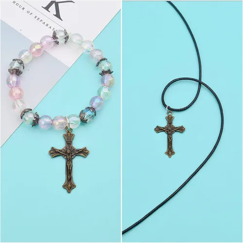 Miniatura 7 de 40 piezas de 4 estilos de cruz y centro de rosario de aleación tibetana María milagrosa medalla Jesús Crucifijo Crucifijo y eslabones ovalados