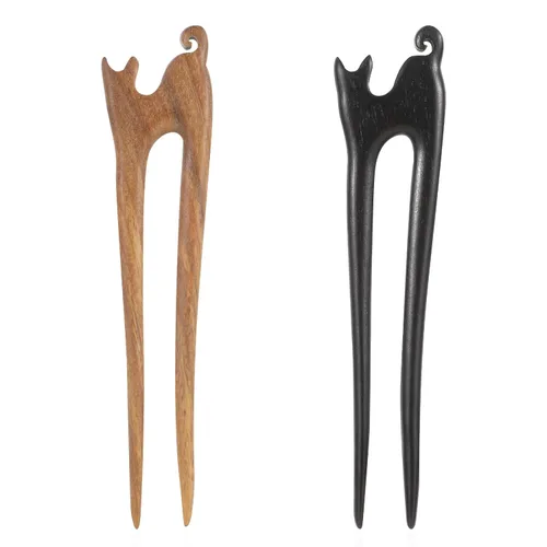 2 unidades de palos de pelo de madera en forma de U hechos a mano tallada de madera francesa con bonito diseño de gato, 2 puntas, horquillas de