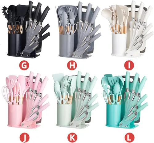 Miniatura 3 de Juego de utensilios de cocina y cuchillos de cocina de 19 piezas con bloque de soporte, incluye 11 utensilios de cocina de silicona, 5 cuchillos
