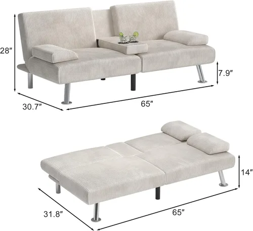 Miniatura 2 de Shahoo - Sofá moderno tapizado, futón convertible plegable con reposabrazos removibles, patas de metal, 2 portavasos para sala de estar, beige