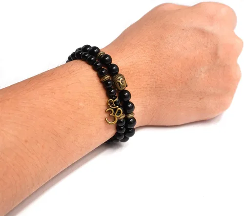 Miniatura 5 de Domika Pulsera de cuentas de ágata negra con cabeza de Buda y terapia de oración budista OM Juego de pulseras elásticas religiosas