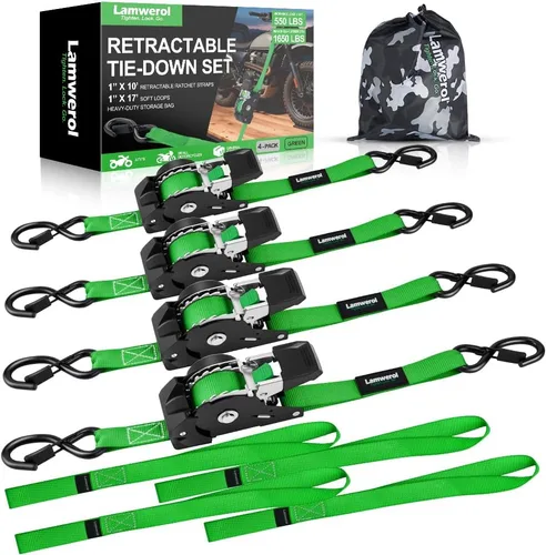 Miniatura 10 de Correas de trinquete retráctiles (paquete de 4) – 1 pulgada x 10 pies (1,650 libras de resistencia a la rotura) – Correas de amarre autoretráctiles