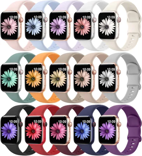 SuperNaNa - Paquete de 15 bandas de silicona suave compatibles con Apple Watch de 38, 40, 41, 42, 44, 45, 46 y 49 mm, correas deportivas unisex de