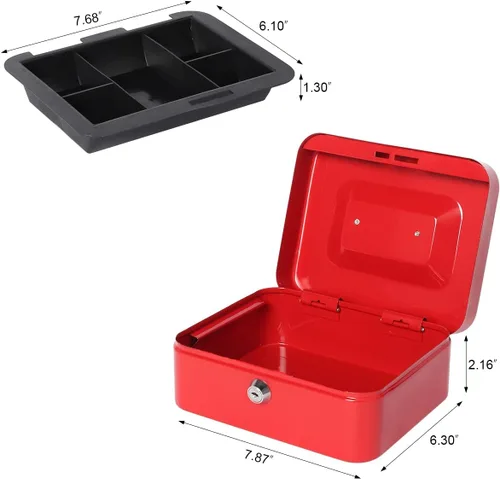 Miniatura 5 de Caja de dinero pequeña con bandeja de dinero y cerradura, caja de dinero de metal para efectivo, caja de seguridad de 7.87 x 6.3 x 3.54 pulgadas