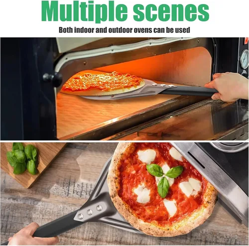Miniatura 5 de Pala de torneado de pizza de 8 pulgadas redonda de aluminio perforada con mango de metal, paleta de pizza para accesorios de horno de pizza casera