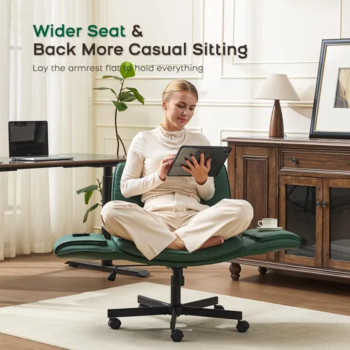 Miniatura 4 de amseatec Silla Criss Cross con Respaldo y Ruedas, Silla Ajustable Giratoria Cómoda para Tocador y Salón, Silla de Oficina para el Hogar, Estilo Verde