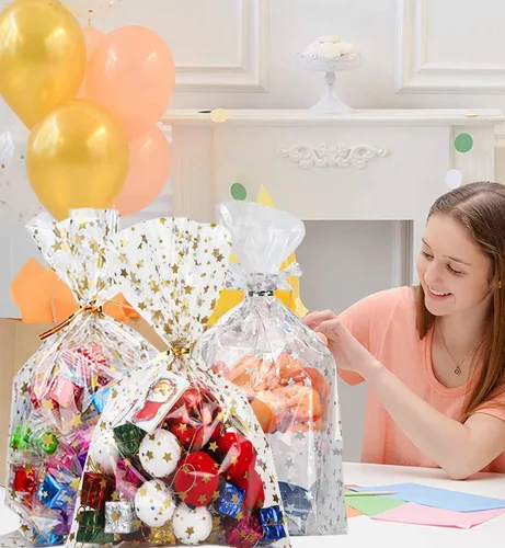 Miniatura 5 de 100 bolsas de regalo con estampado de estrellas de 6 x 10 pulgadas, bolsas de celofán para regalo, bolsas de regalo de fiesta, bolsas transparentes