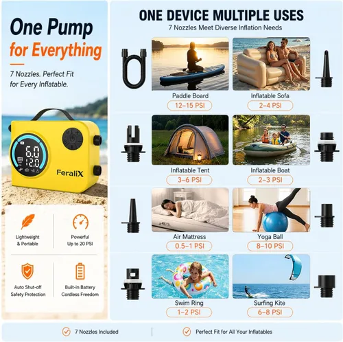 Miniatura 6 de Electric Paddle Board Pump, 20 PSI Rechargeable SUP Air Compressor with Auto Shut-Off, Dual Stage Inflation & Deflation for Paddleboards, Kayaks