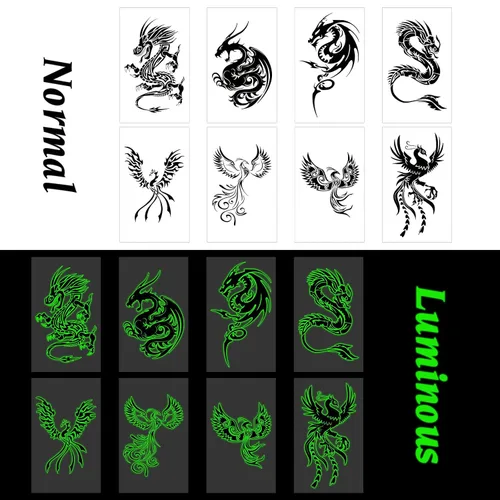 Miniatura 4 de 16 hojas de tatuajes temporales luminosos de dragón fénix que brillan en la oscuridad dragón decoración de fiesta de cumpleaños, suministros