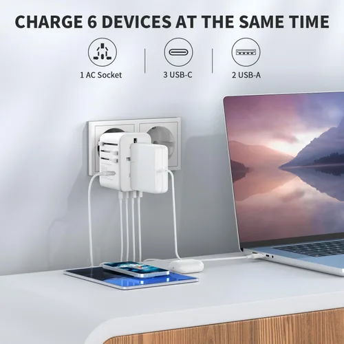 Miniatura 4 de EPICKA Adaptador de viaje universal, adaptador de enchufe internacional GaN con 3 USB-C de carga rápida PD de 70W y 2 USB-A, cargador de pared todo