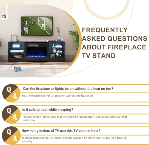 Miniatura 8 de COCO DESIGN Fireplace TV Stand up to 75" TVs, 23" Electric Fireplace TV Console, LED Lights Wood and Glass Entertainment Center & Remote Control