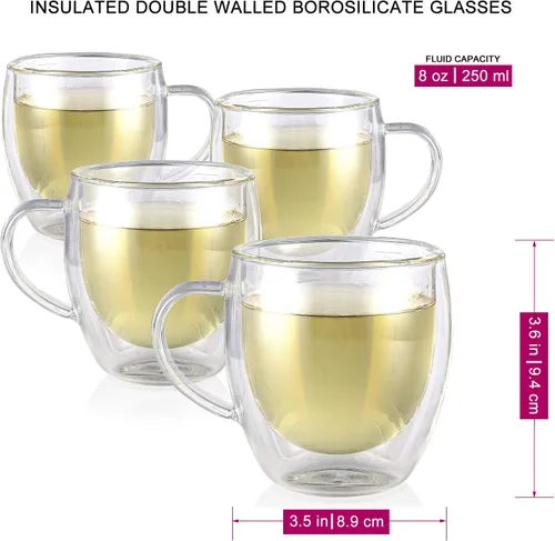 Miniatura 4 de Teabloom Vasos de doble pared – 8 oz / 8.5 fl oz – Juego de 4 vasos de vidrio aislados para té, café, espresso y más – Clarity Glasses