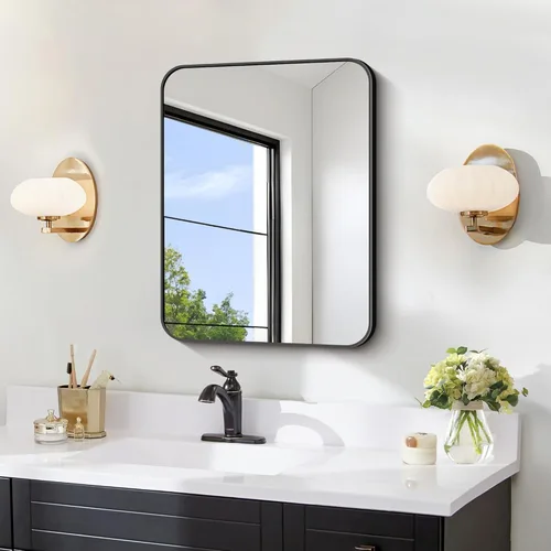 Miniatura 20 de FORBATH - Espejo de baño negro para sobre lavabo, espejo de pared de 16x24 pulgadas con marco de metal, esquinas redondeadas para baño, dormitorio