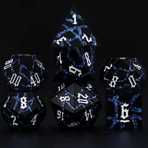 Miniatura 8 de Juego de Dados de Metal DND, Conjunto de 7 Dados Poliédricos D&D, Conjunto de Dados con Grietas Brillantes para Juego de Rol Calabozos y Dragones