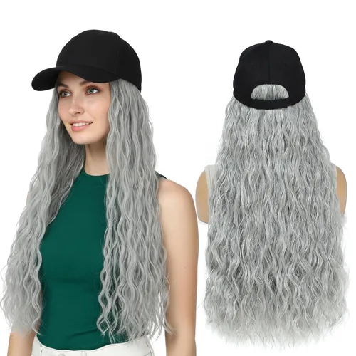 Miniatura 11 de Gorra de béisbol con peluca de cabello largo ondulado natural, con gorra, resistente al calor, mezcla sintética marrón rubio, fibras ajustables