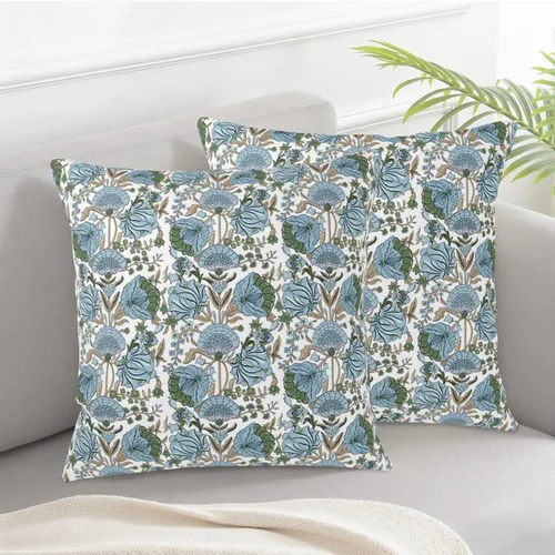 Miniatura 6 de Juego de 2 fundas de almohada con estampado de bloques azules de 16 x 16 pulgadas, diseño floral verde espárragos, fundas de almohada bohemias