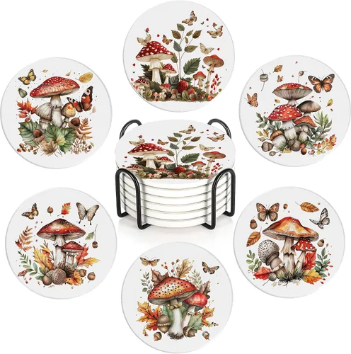 Miniatura 8 de Juego de 6 posavasos de mesa para bebidas, posavasos redondos de cerámica de acuarela bosque nebuloso, con base de corcho y soporte de metal, Bosque