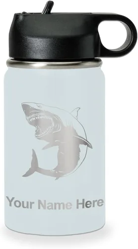 Miniatura 65 de LaserGram Botella de agua personalizada, gran tiburón blanco, acero inoxidable de doble pared aislada al vacío con popote superior, regalo grabado