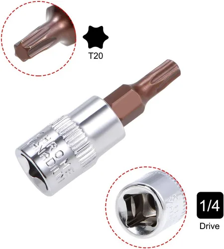 Miniatura 3 de uxcell 3 piezas de 1/4 pulgadas de unidad x T20 Torx zócalo, brocas de acero S2 CR-V sockets 1.496 in longitud uso con llave de trinquete, barra