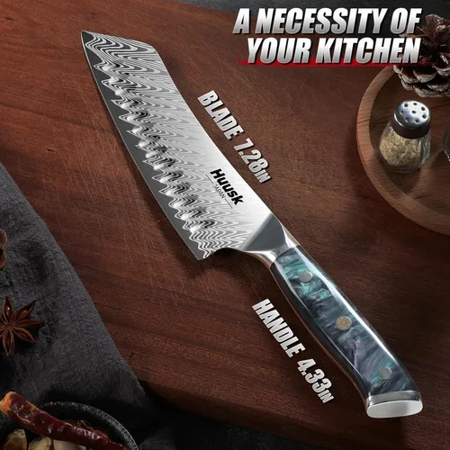 Miniatura 7 de Huusk Cuchillo japonés Santoku de 7 pulgadas, cuchillo de chef profesional para cocina con mango de resina, acero inoxidable de alto carbono