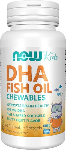 NOW Foods Suplementos, DHA Kids 100 mg, apoya la salud cerebral*, sabor a frutas, 60 cápsulas blandas masticables, el empaque puede variar
