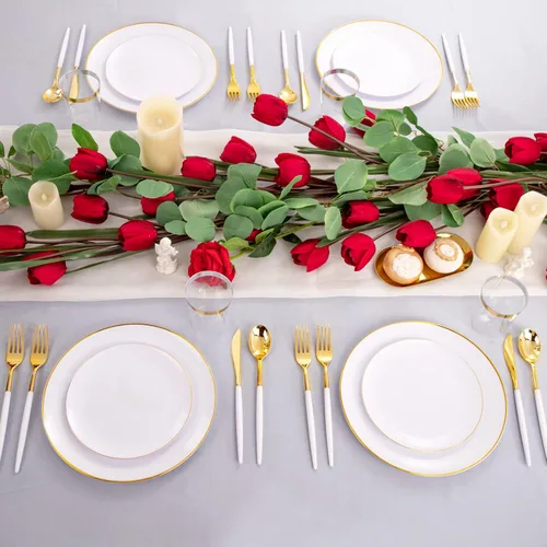 Miniatura 7 de LIYH - Juego de vajilla de plástico desechable de 180 piezas, color blanco y dorado, cubiertos de plástico dorados, platos desechables resistentes
