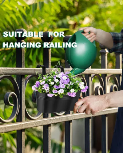 Miniatura 8 de Macetas de barandilla de metal para plantas al aire libre – 5 macetas colgantes de balcón con ganchos desmontables y agujeros de drenaje, macetas