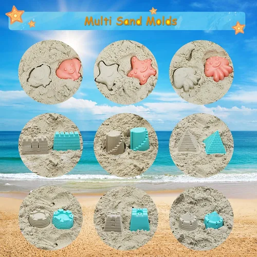 Miniatura 4 de RACPNEL Juego de juguetes de playa y arena para niños, cubo plegable y palas con bolsa de malla, moldes, banderas, caja de arena para niños y niños
