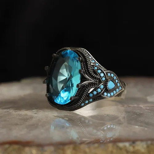 Miniatura 3 de 925 Sterling Silver Aquamarine Stone with Turquoise Stones Men Silver Ring, Handmade Blue Aquamarine Stone Men's Silver Ring, Vintage Men Ring