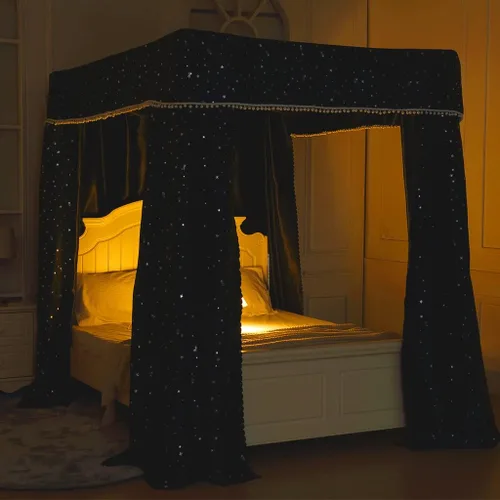 Obokidly Elegante cortina opaca de estrella negra con borde de bola blanca de 4 postes en las esquinas, decoración de dormitorio para adultos y
