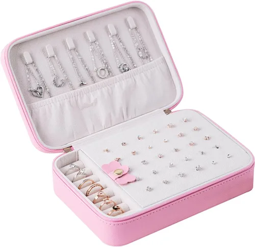 SANQIANWAN Pequeña caja organizadora de viaje de joyería con estuche portátil de piel sintética para collares anillos aretes regalos para novia