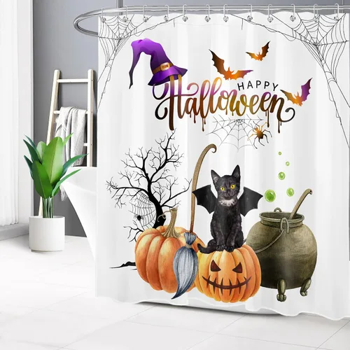 Miniatura 3 de LB Cortina de ducha de terror de Halloween, gato negro sobre calabaza por árbol muerto, juego de cortinas de ducha de bruja morada, murciélagos