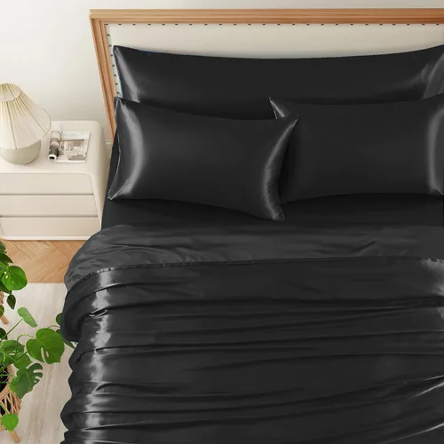 Miniatura 3 de Juego de sábanas de satén de 4 piezas de color negro tamaño individual, juego de ropa de cama de satén sedoso negro con 1 sábana encimera de satén